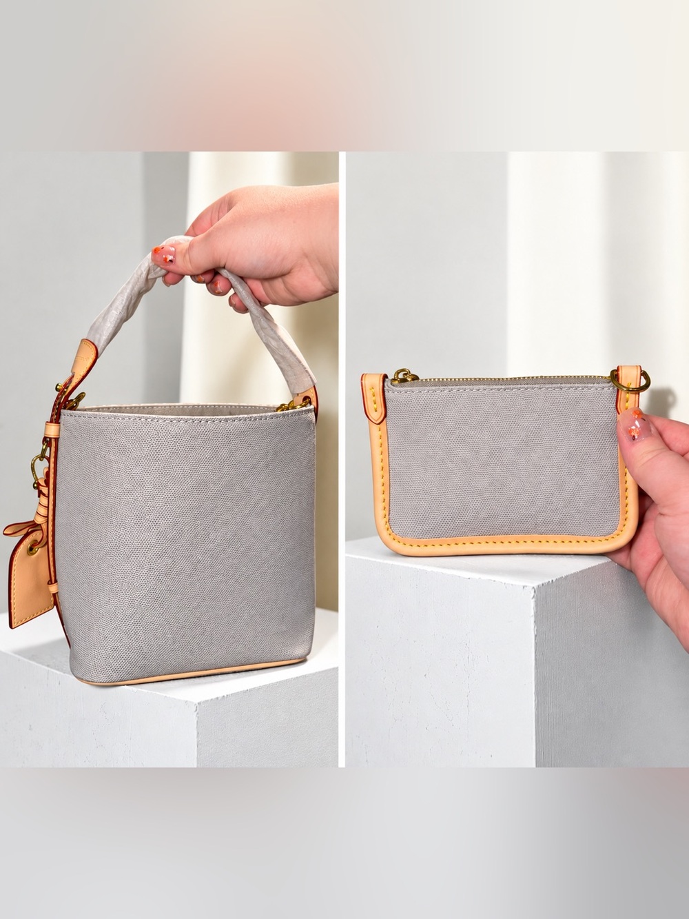 Neutral Gray monogram Shoulder Bag/crossbody with Tan Trim & wallet included